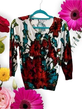 Joseph A Pink-Teal Dramatic-Floral Print Button-Front Cardigan Sweater